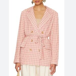 Free People Olivia Gingham Blazer SZ XS  Women Double Breasted Tie Waist Preppy